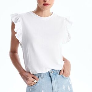 GBTSO White Flutter Sleeve Super Soft Crewneck Tee Shirt Blouse Top Size Medium